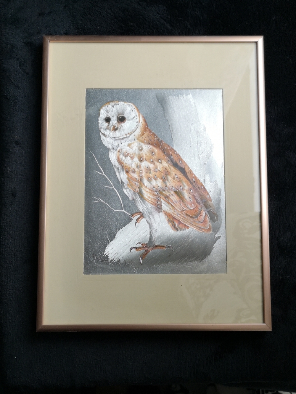 Lovely Vintage Owl Foil Art Signed & Professionally Framed in Rose Gold 12x9